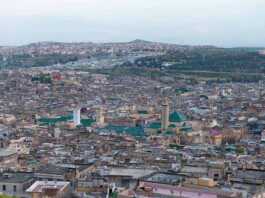 View over Fez at dusk from the ancient city wall, Morocco.