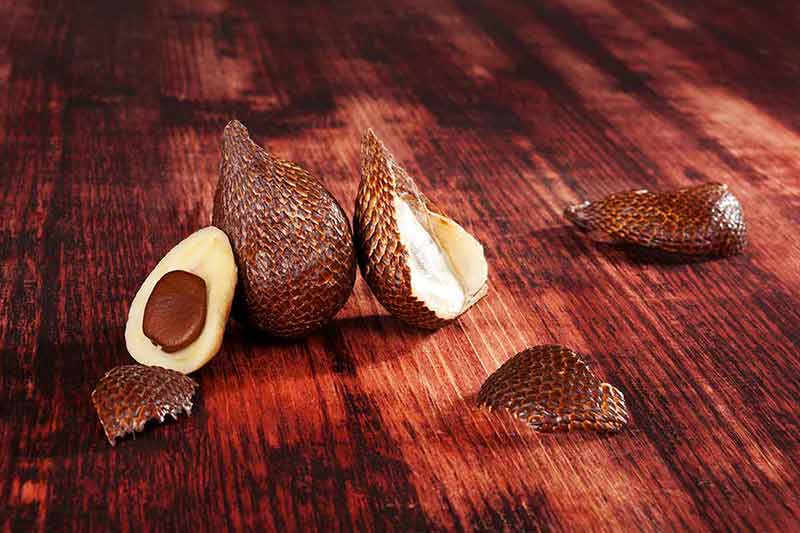 Asian fruits salak on brown wooden textured background.