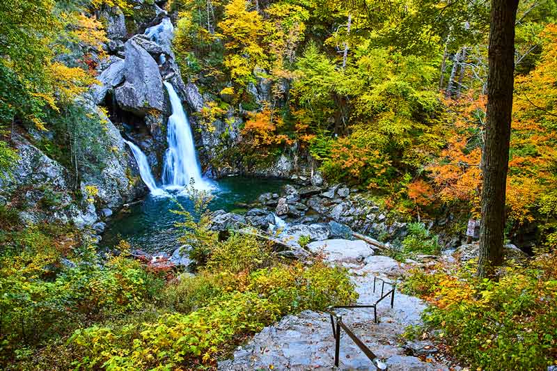 Bash Bish Falls State Park waterfall cascading into a pool in the fall