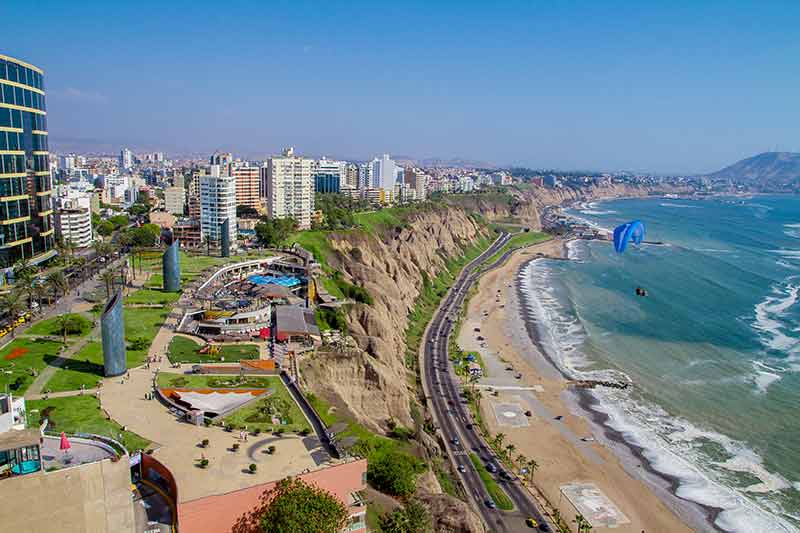 Beaches in Peru Lima aerial of buildings on top of the cliff overlooking Miraflores beach