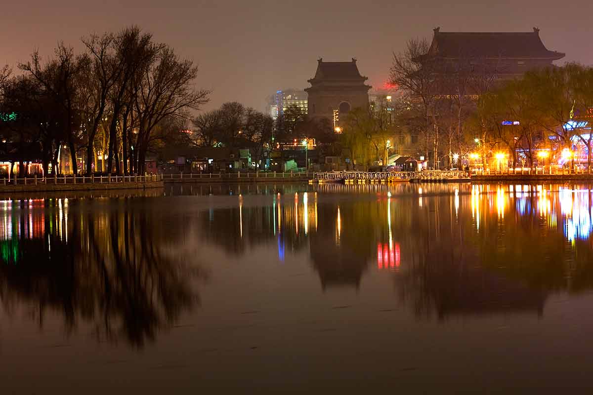 Beijing at night Houhai Houhai Lake at Night with Drum and Bell Tower in Background, Beijing, China.