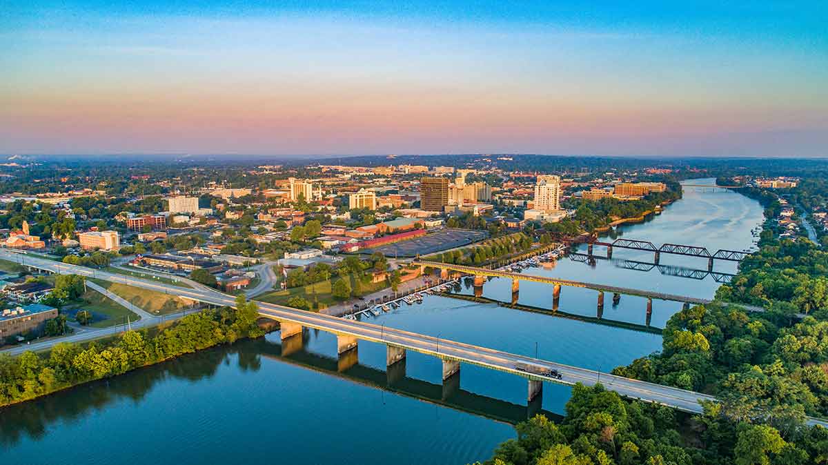 aerial view of Augusta city and river