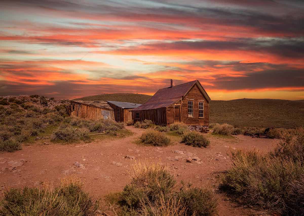 Bodie ghost town in California at dusk