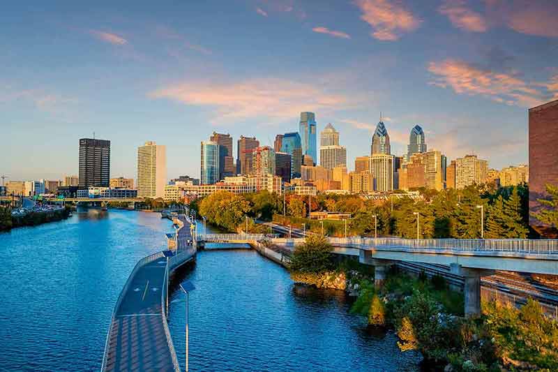 Boston to Washington DC Philadelphia city skyline at sunset