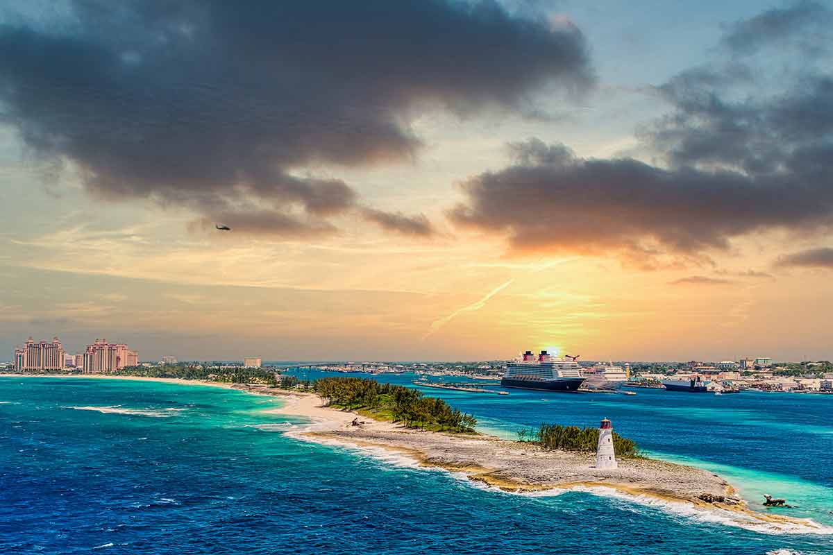 Nassau lighthouse with cruise ship in background