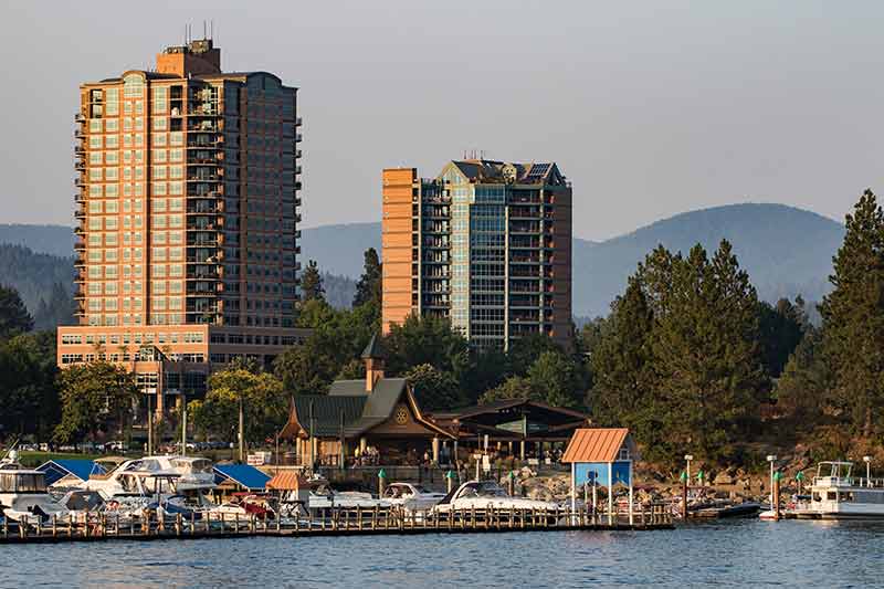high rise buildings and marina in Coeur d’Alene
