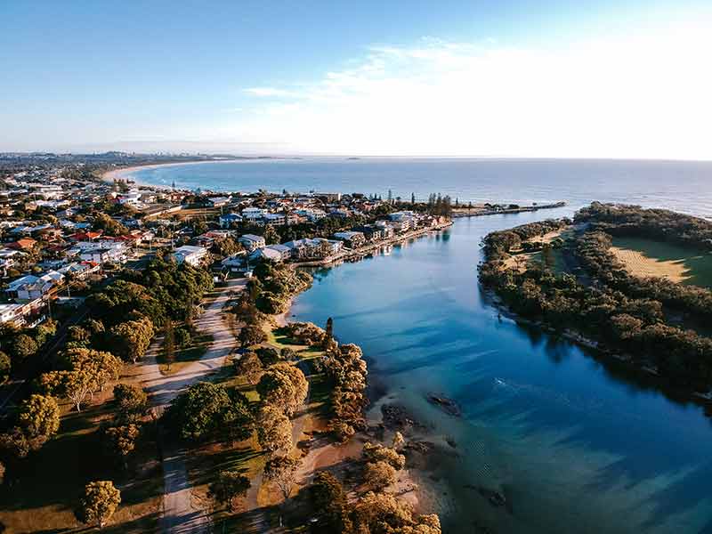 aerial view of Kingscliff, the river and the heads