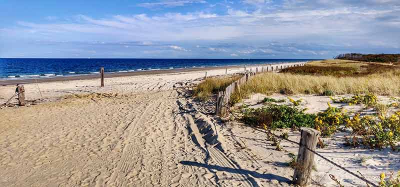 Duxbury Beach Massachusetts wide flat sand and blue sea