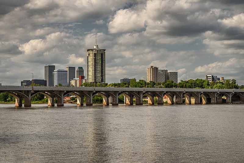 Skyline of Tulsa with bridge over the river