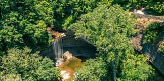 aerial view of waterfall and forest at Clifty Falls