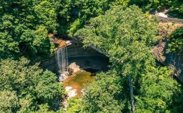 aerial view of waterfall and forest at Clifty Falls