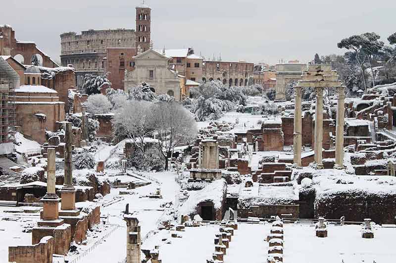 Italy in winter the roman forum covered in snow