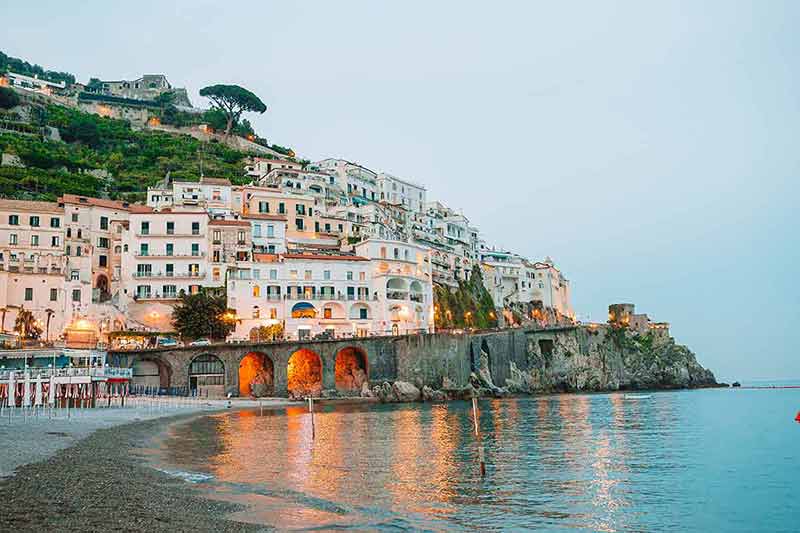 Italy in winter Amalfi coast white buildings by the water