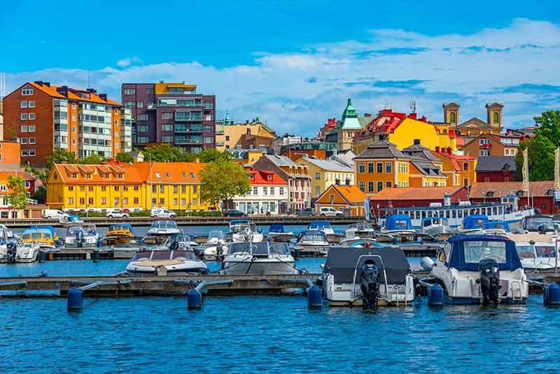 Karlskrona waterfront colourful buildings
