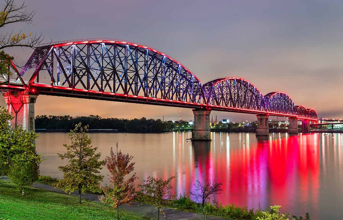 Kentucky landmarks big four bridge lit up at night