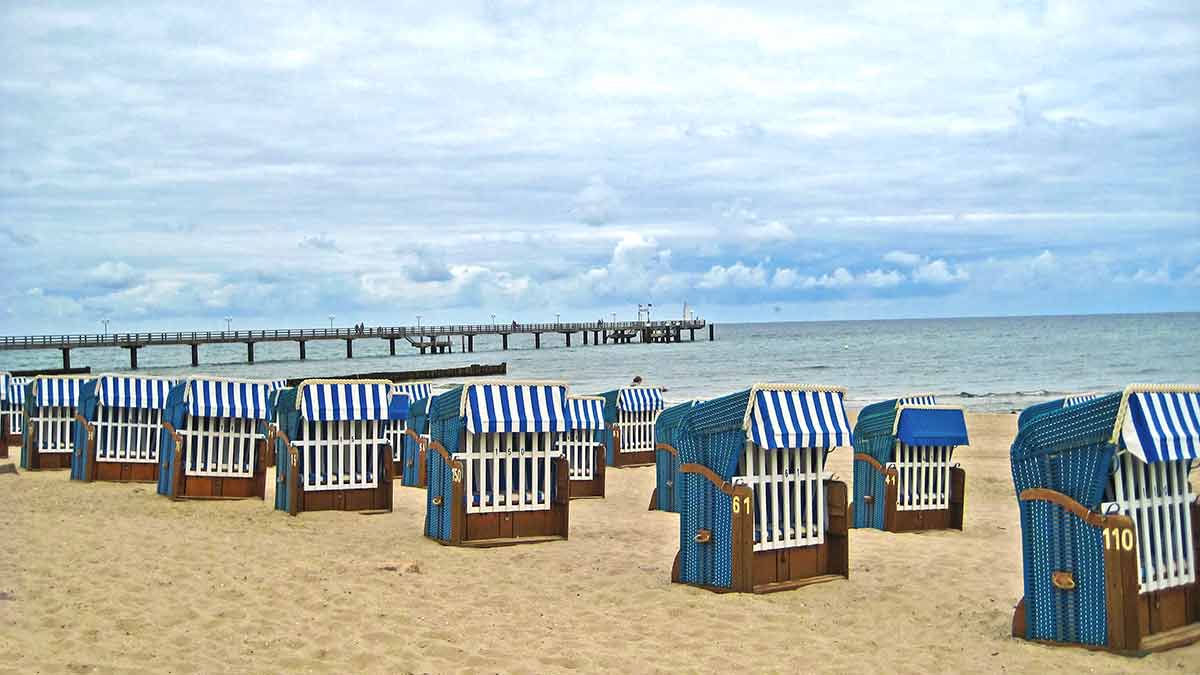 Kuhlungsborn beach in Germany rows of deck chairs and pier in the background