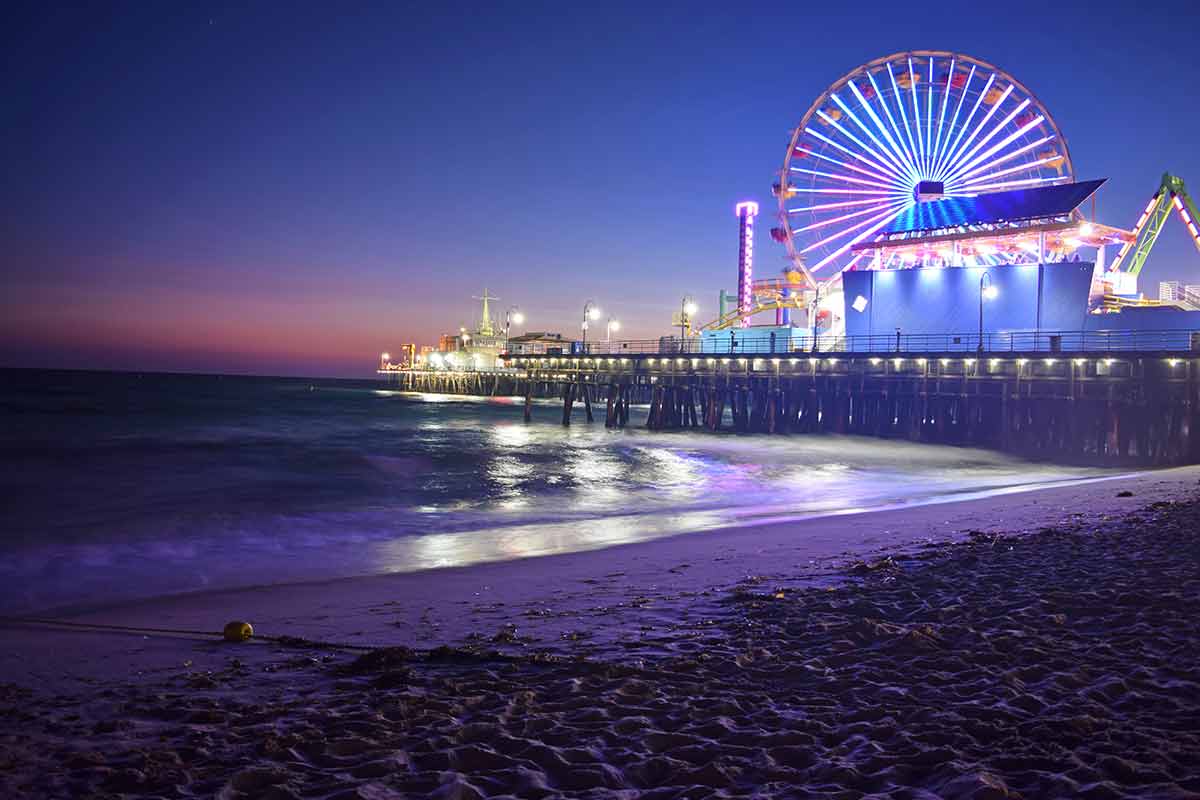 LA at night Santa Monica pier and ferris wheel