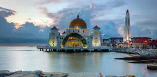 Malacca Straits Mosque at dusk on the Straits of Malacca