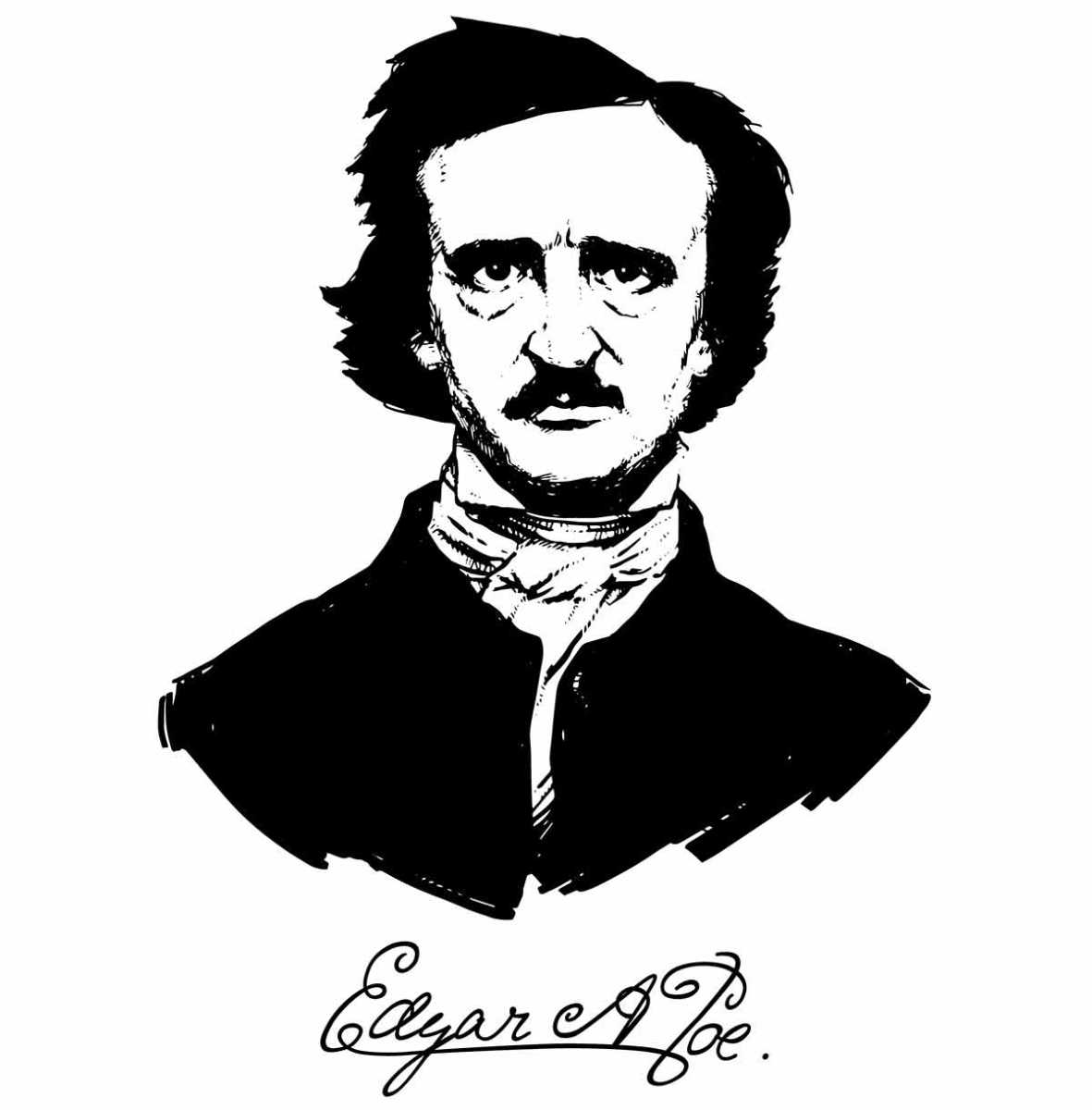 Sketch of Edgar Allen Poe in black and white