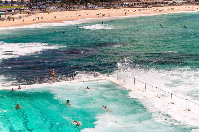 Bondi pools and the beach in the background