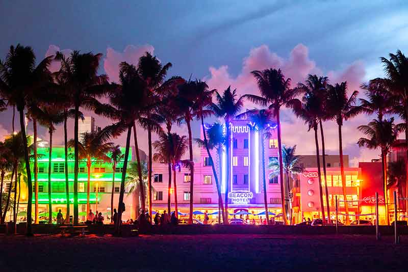 Miami skyline at night neon