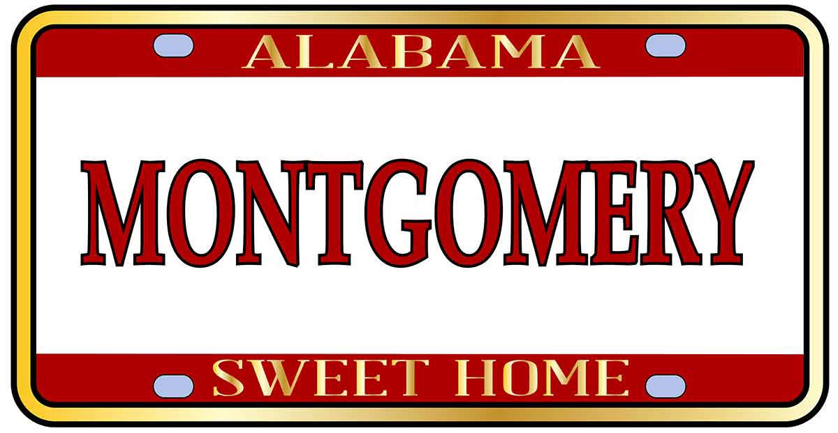 Montgomery alabama Montgomery Alabama state license plate in the colors of the state flag with the state name over a white background.