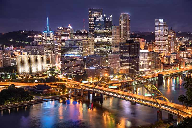 Pittsburgh night view of bridge and skyscrapers