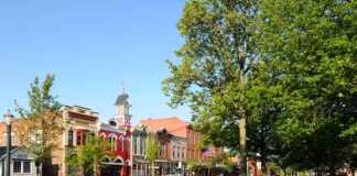 Saugatuck colourful buildings across from the park