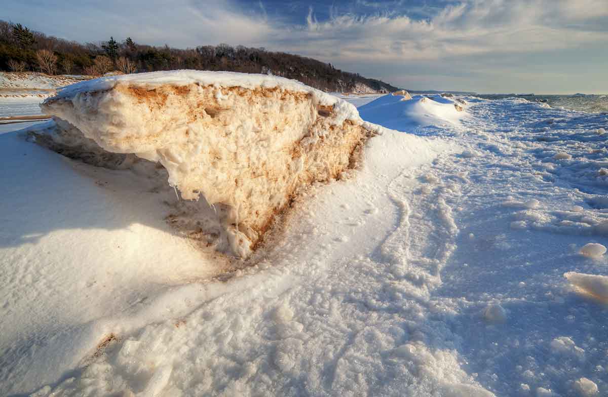 Saugatuck Dunes State Park in winter with snow