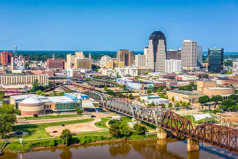 Shreveport aerial view with bridge and river