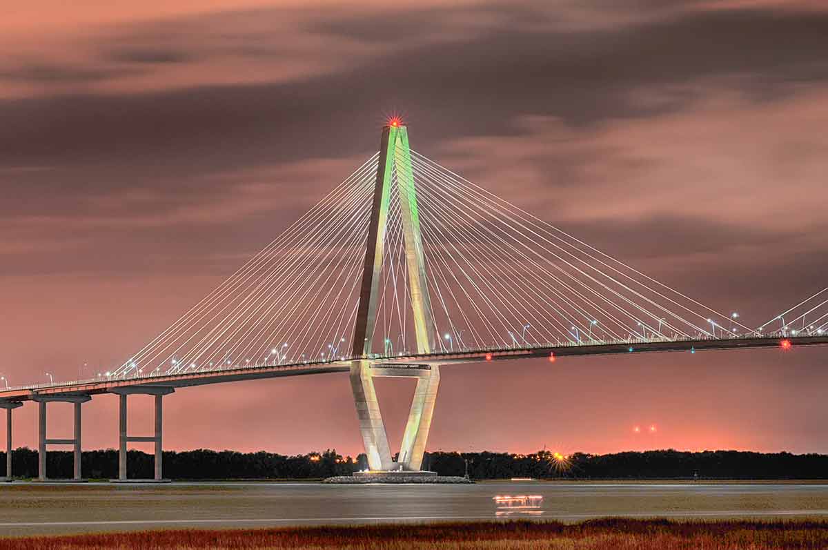 Arthur Ravenel Jr. Bridge at night, a South Carolina famous landmarks