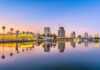 St Petersburg city skyline reflected in the water at sunset