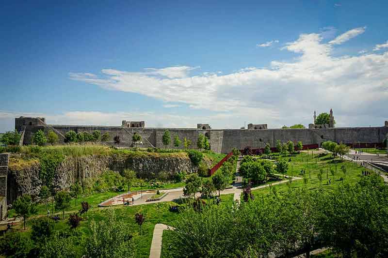 city walls of Diyarbakir blue sky and greenery