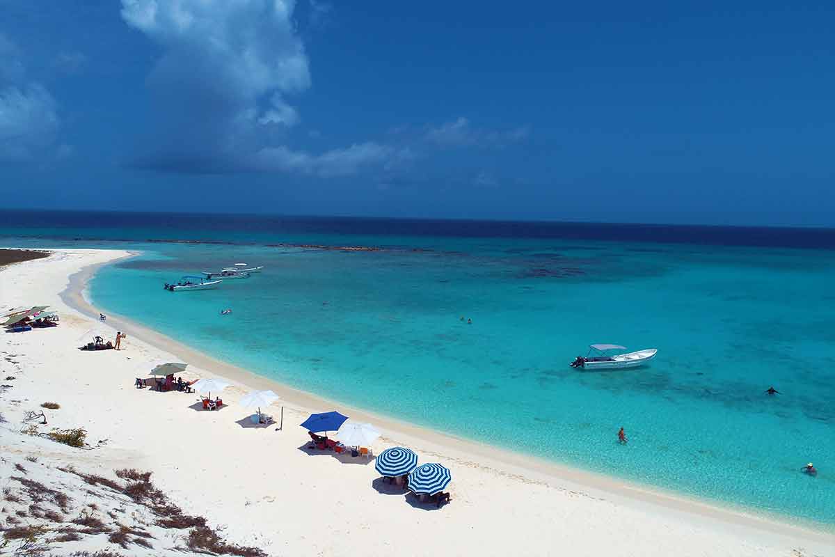 Venezuela beaches los roques beach umbrellas from above with clear aqua water and boats bobbing in the sea