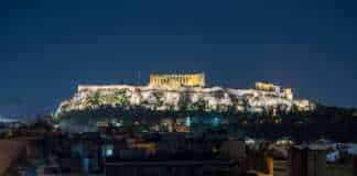 acropolis of athens at night