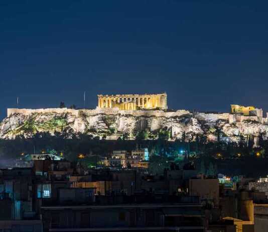 acropolis of athens at night