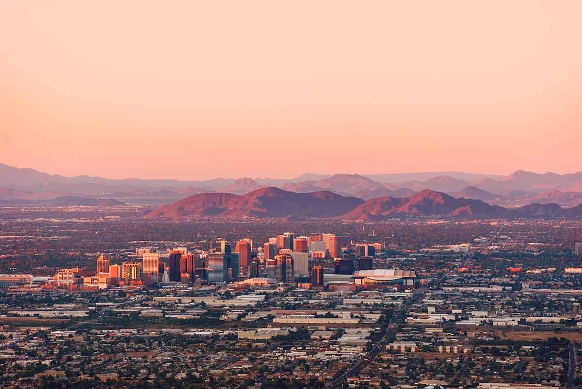 aerial view of phoenix with mountains in the background
