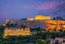 art museums in athens greece Downtown Athens city skyline, cityscape with The Acropolis and the Parthenon Temple in Greece at sunset