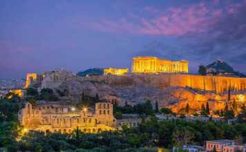 art museums in athens greece Downtown Athens city skyline, cityscape with The Acropolis and the Parthenon Temple in Greece at sunset