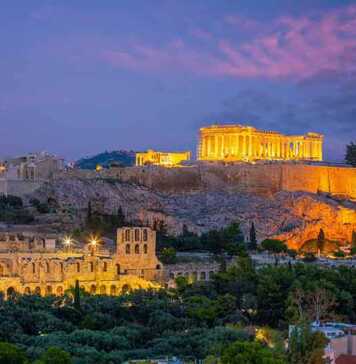 art museums in athens greece Downtown Athens city skyline, cityscape with The Acropolis and the Parthenon Temple in Greece at sunset