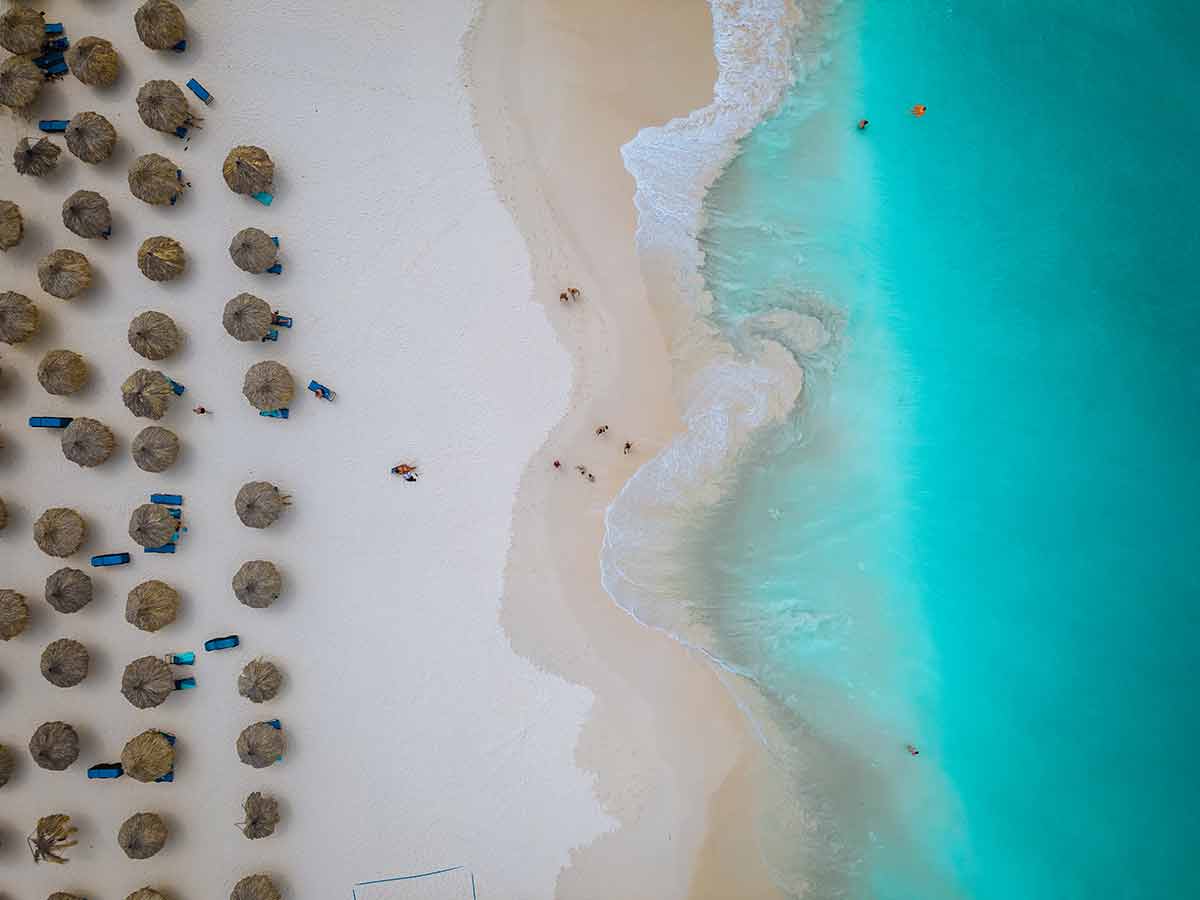 aruba topless beaches aerial view of rows of beach umbrellas