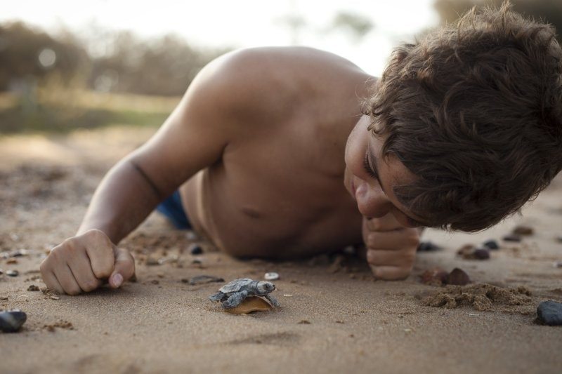boy lying on ground next to baby turtle in mon repos queensland