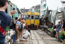 The Bangkok Market Where A Train Passes Through The Stalls Maeklong Railway Market