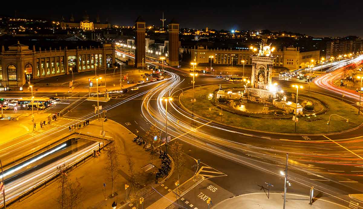 night view of traffic around a roundabout in Barcelona