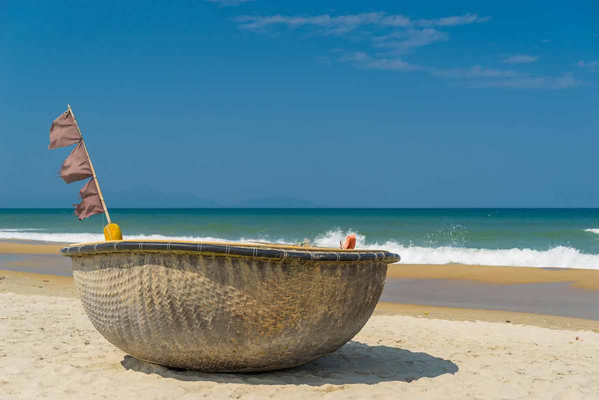 traditional round fishing boat found on the beaches in north vietnam