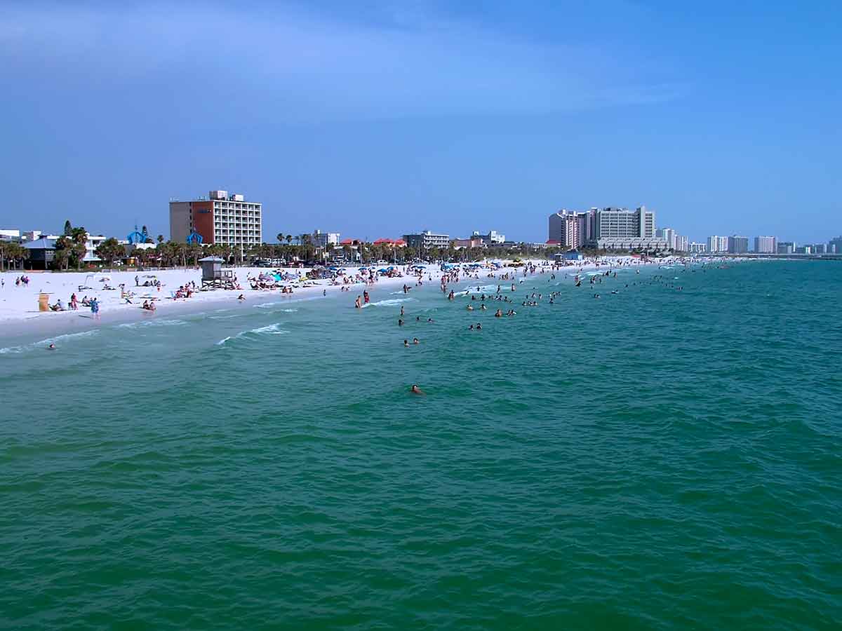 Clearwater Beach with lots of people in the water and on the sand