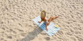 aerial view of model sitting on a towel on the beach