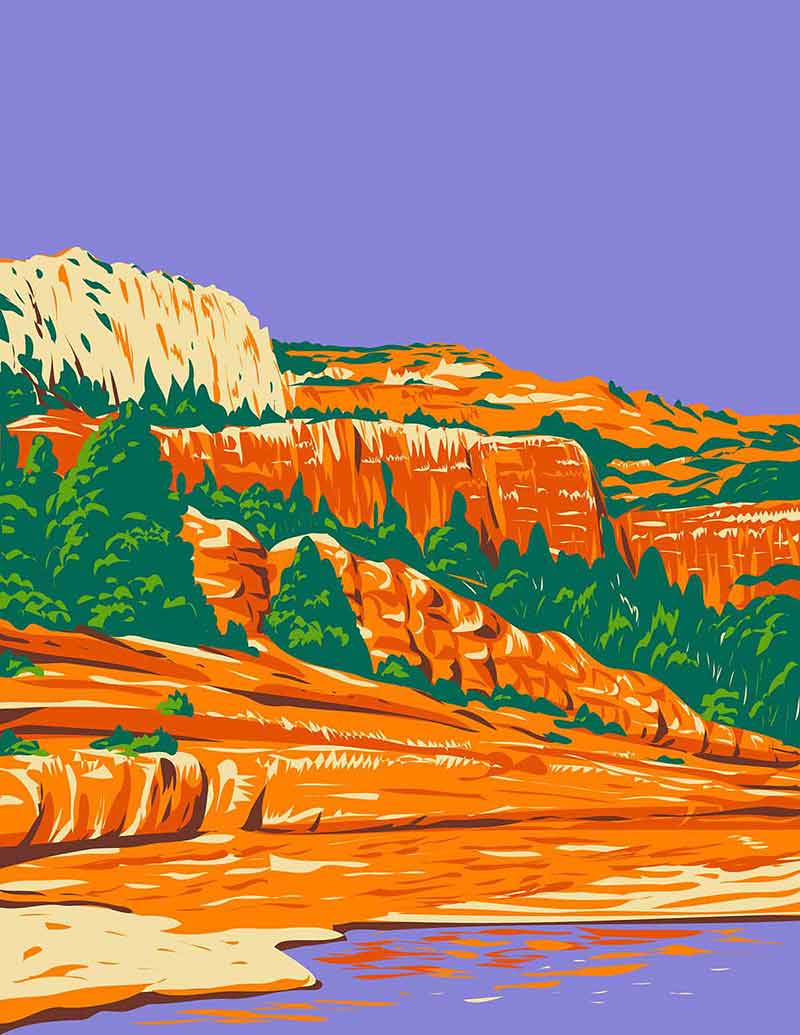 WPA poster art of Slide Rock State Park located in Oak Creek Canyon in Sedona, Arizona