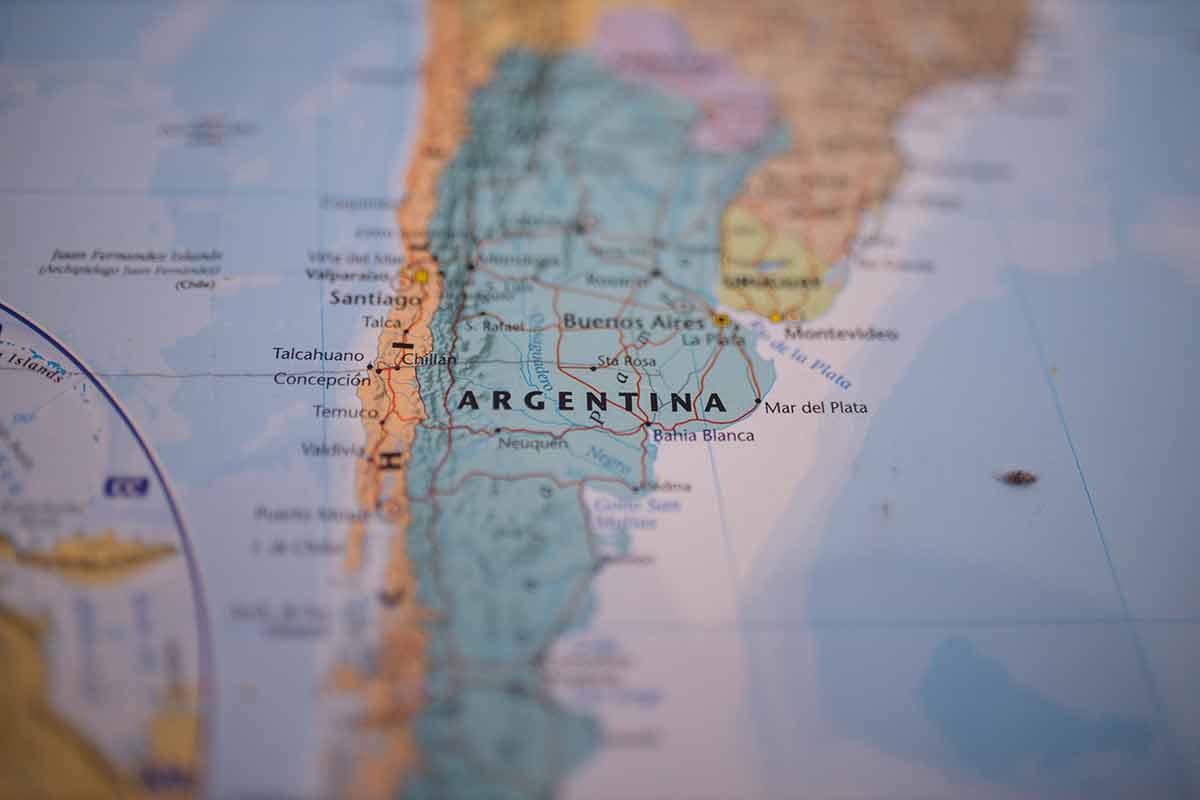 best beaches argentina Argentina on a map of South America with its main roads marked in red and the rest of the countries blurred out