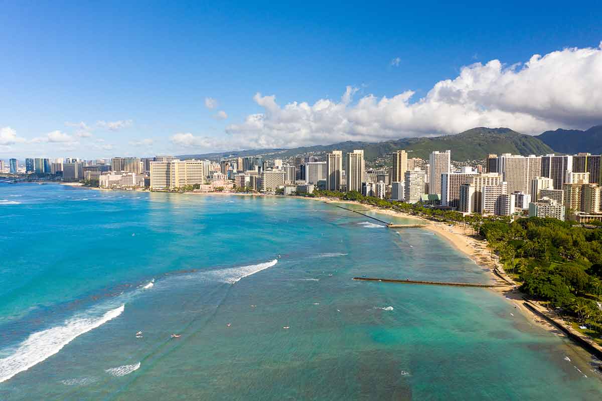 best beaches in hawaii aerial view of Waikiki looking towards Honolulu on Oahu